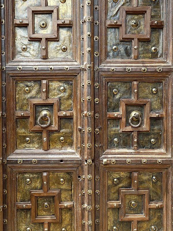 Exotic India 88" Large Vintage Indian Door With Brass And Iron Work | Home Temple Decor 