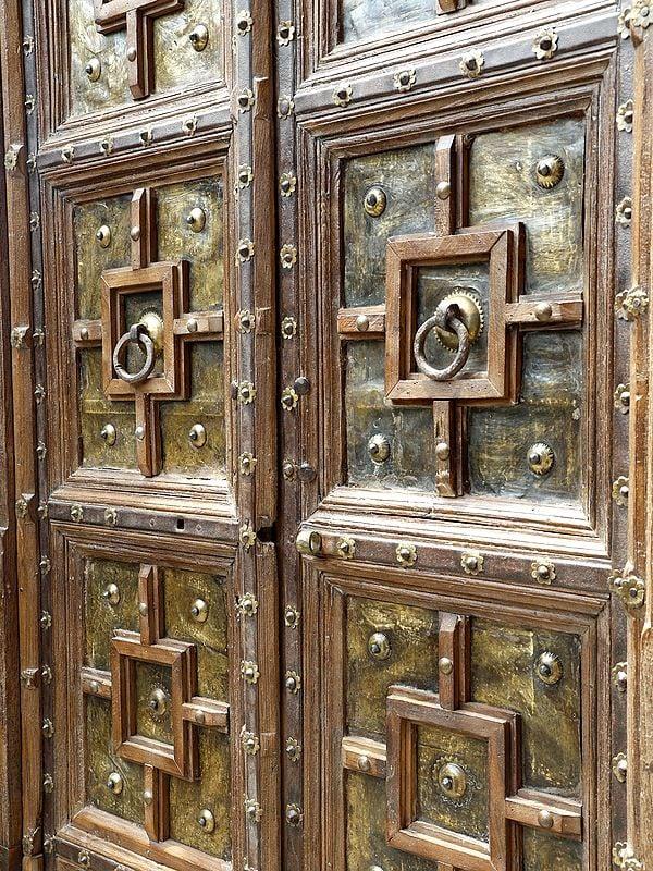 Exotic India 88" Large Vintage Indian Door With Brass And Iron Work | Home Temple Decor 