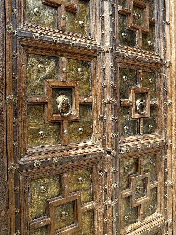 Exotic India 88" Large Vintage Indian Door With Brass And Iron Work | Home Temple Decor 