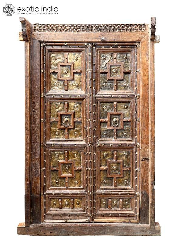 exotic india 88" Large Vintage Indian Door with Brass and Iron Work | Home Temple Decor 