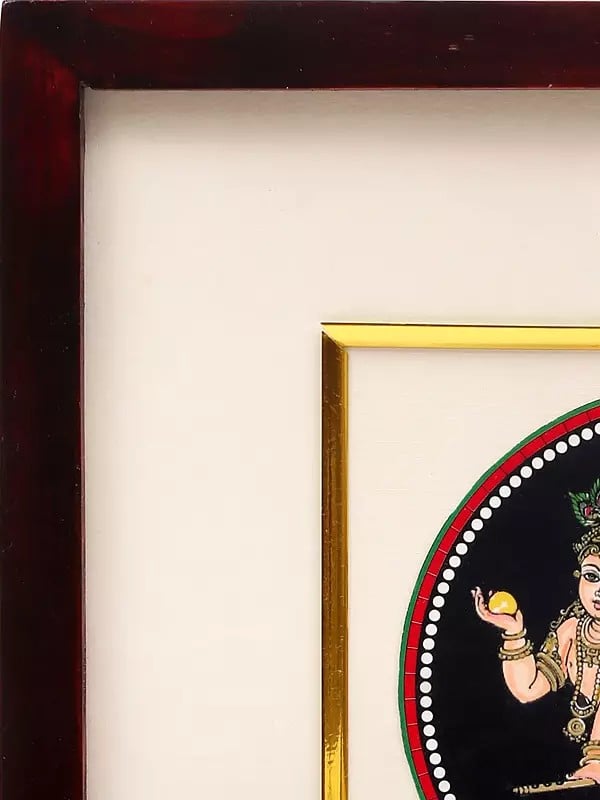 Exotic India 9" Bal Gopal Krishna | Framed Ganjifa Painting