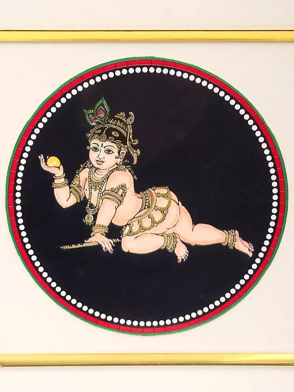 Exotic India 9" Bal Gopal Krishna | Framed Ganjifa Painting