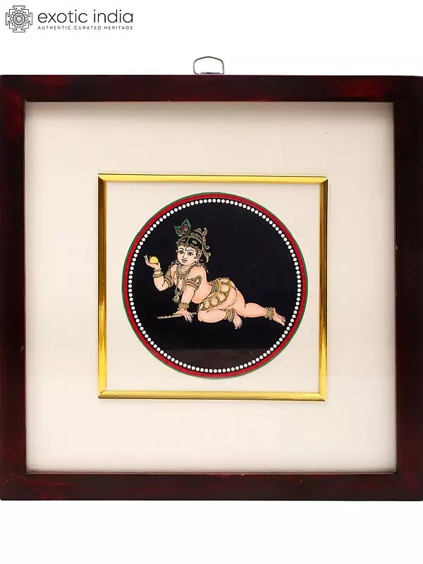 exotic india 9" Bal Gopal Krishna | Framed Ganjifa Painting