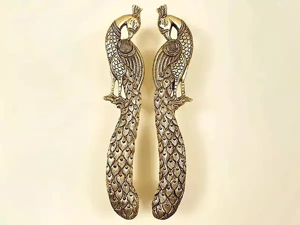 exotic india 9" Brass Pair of Peacock Design Door Handles 