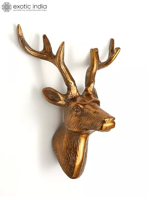 Exotic India 9" Decorative Brass Reindeer Statue | Wall Hanging | Home Decor