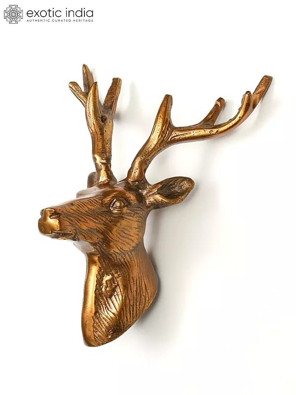 Exotic India 9" Decorative Brass Reindeer Statue | Wall Hanging | Home Decor