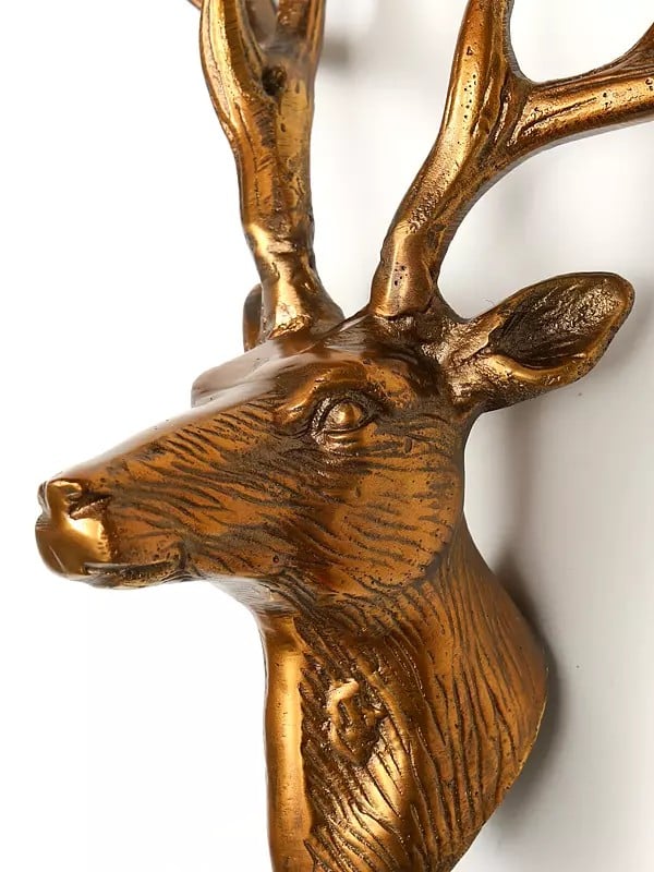 Exotic India 9" Decorative Brass Reindeer Statue | Wall Hanging | Home Decor