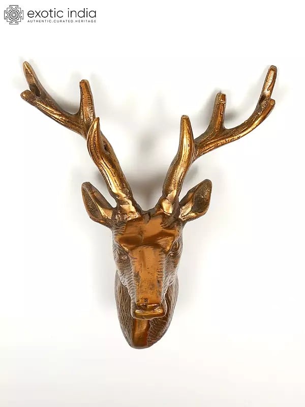 exotic india 9" Decorative Brass Reindeer Statue | Wall Hanging | Home Decor 