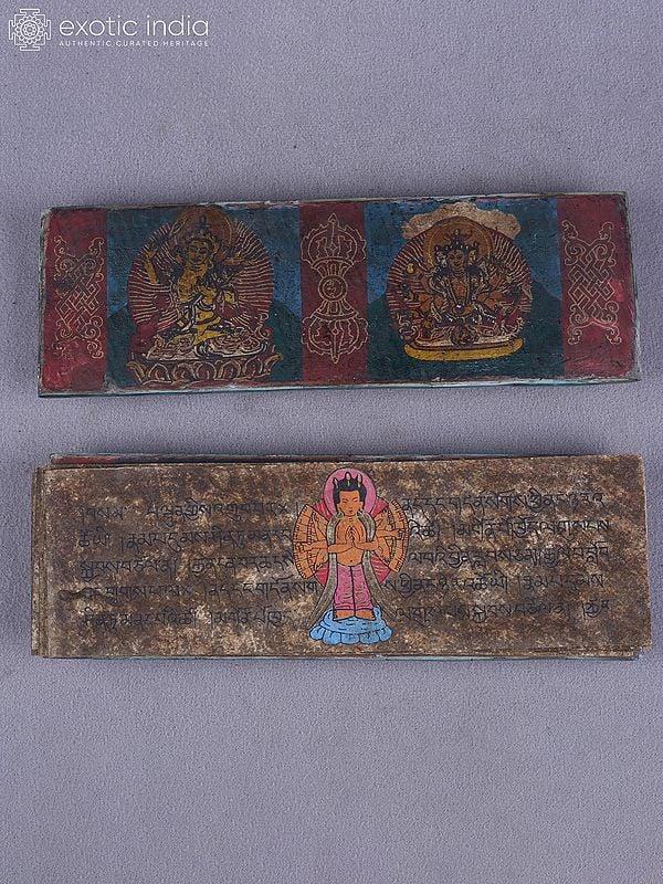 Exotic India 9" Engraved Tibetan Buddhist Book Cover In Brass With Inlay Work | Ritual Item 