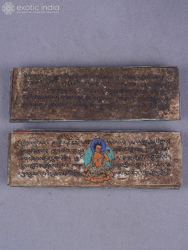 Exotic India 9" Engraved Tibetan Buddhist Book Cover In Brass With Inlay Work | Ritual Item 
