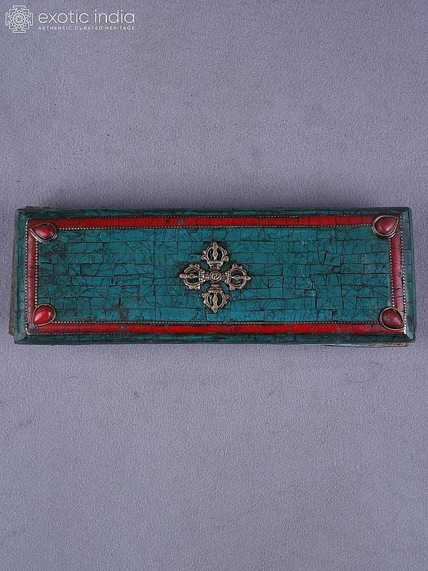 Exotic India 9" Engraved Tibetan Buddhist Book Cover In Brass With Inlay Work | Ritual Item 