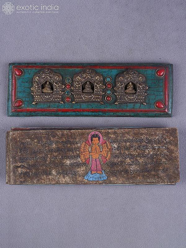 exotic india 9" Engraved Tibetan Buddhist Book Cover In Brass With Inlay Work | Ritual Item 