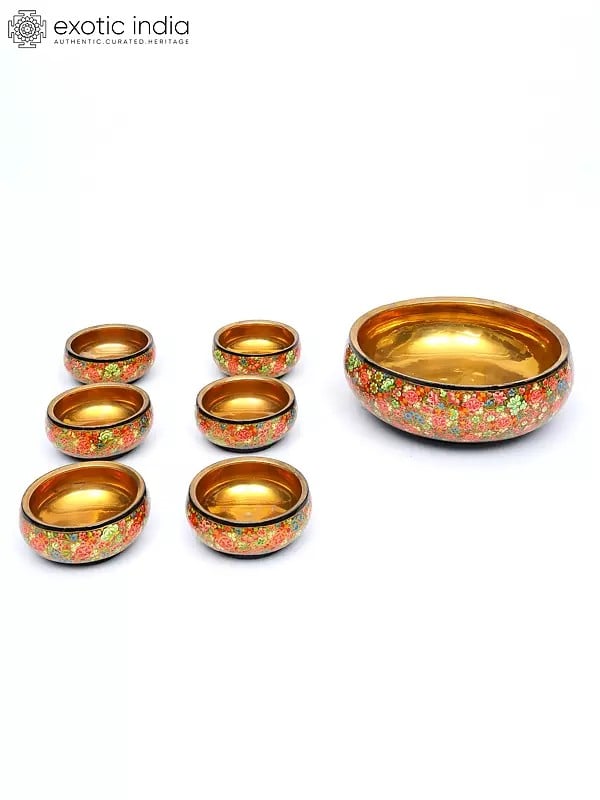 Exotic India 9" Floral Design Papier Mache Bowls Set | Set Of 7 Bowls 