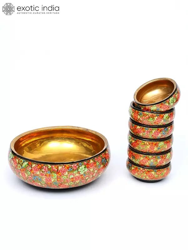 Exotic India 9" Floral Design Papier Mache Bowls Set | Set Of 7 Bowls 