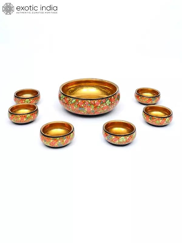 exotic india 9" Floral Design Papier Mache Bowls Set | Set of 7 Bowls 