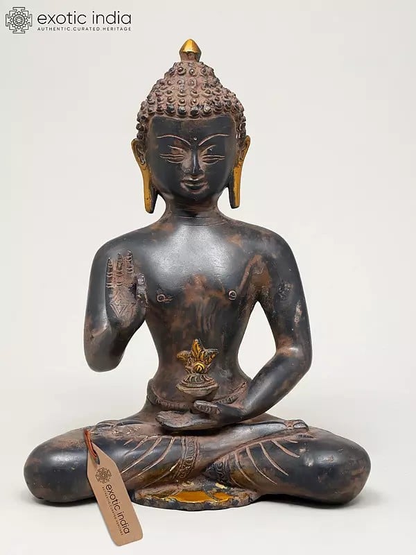 exotic india 9" Gautam Buddha in Vitark Mudra | Buddhist Brass Idol 