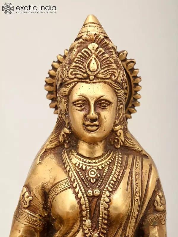 Exotic India 9" Goddess Annapurna Seated On Pedestal | Brass Statue 