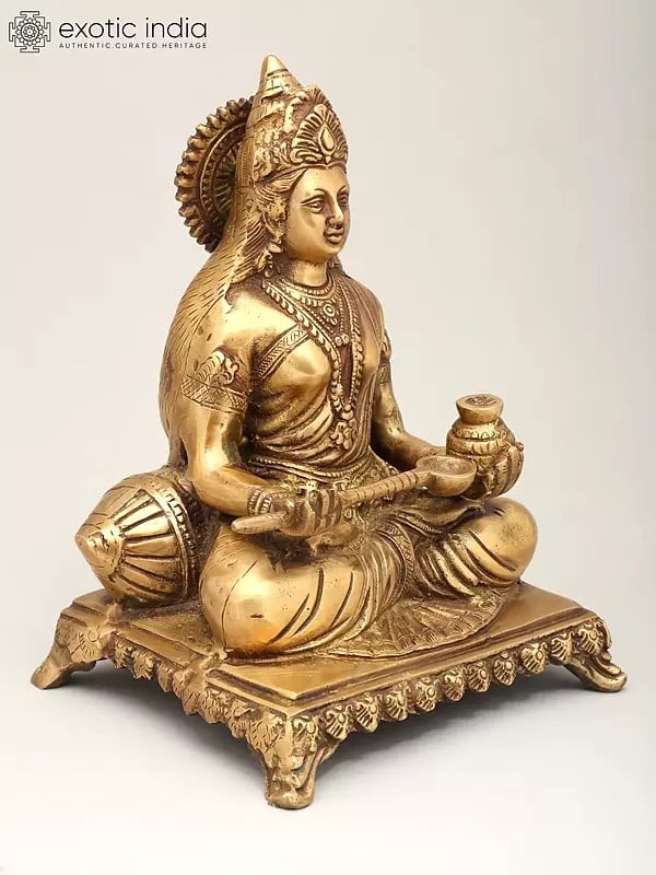 Exotic India 9" Goddess Annapurna Seated On Pedestal | Brass Statue 