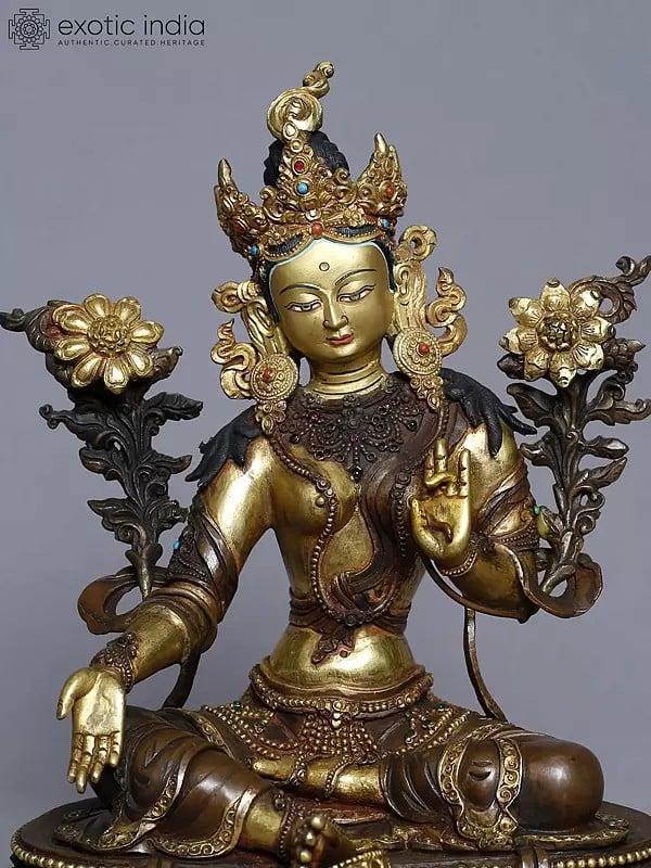 Exotic India 9" Goddess Green Tara Copper Gold Plated Seated Statue On Pedestal From Nepal 