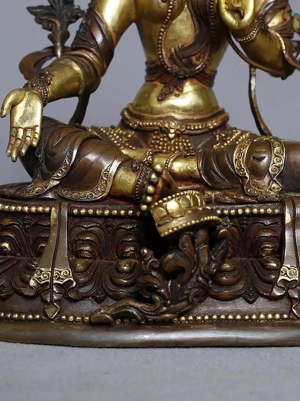 Exotic India 9" Goddess Green Tara Copper Gold Plated Seated Statue On Pedestal From Nepal 