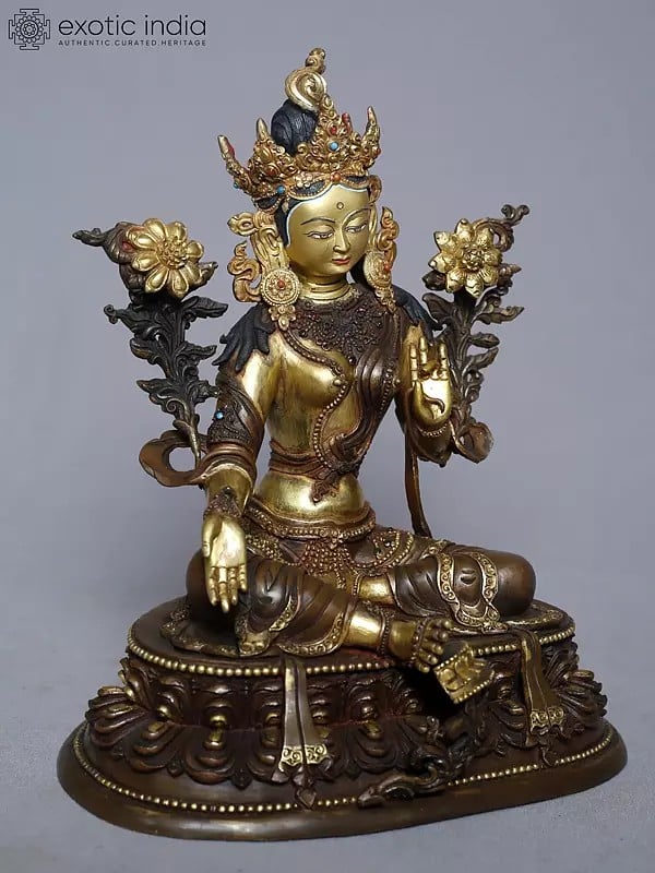 Exotic India 9" Goddess Green Tara Copper Gold Plated Seated Statue On Pedestal From Nepal 