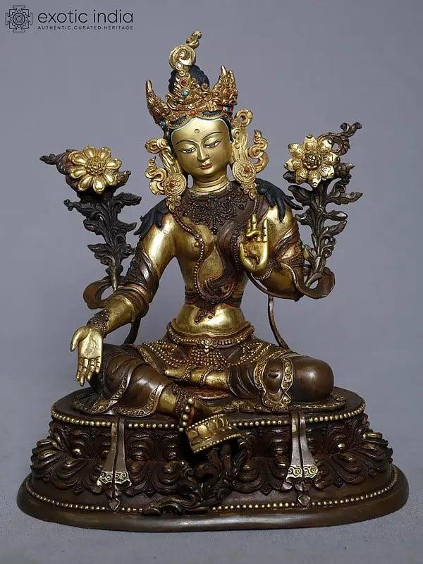 exotic india 9" Goddess Green Tara Copper Gold Plated Seated Statue On Pedestal From Nepal 