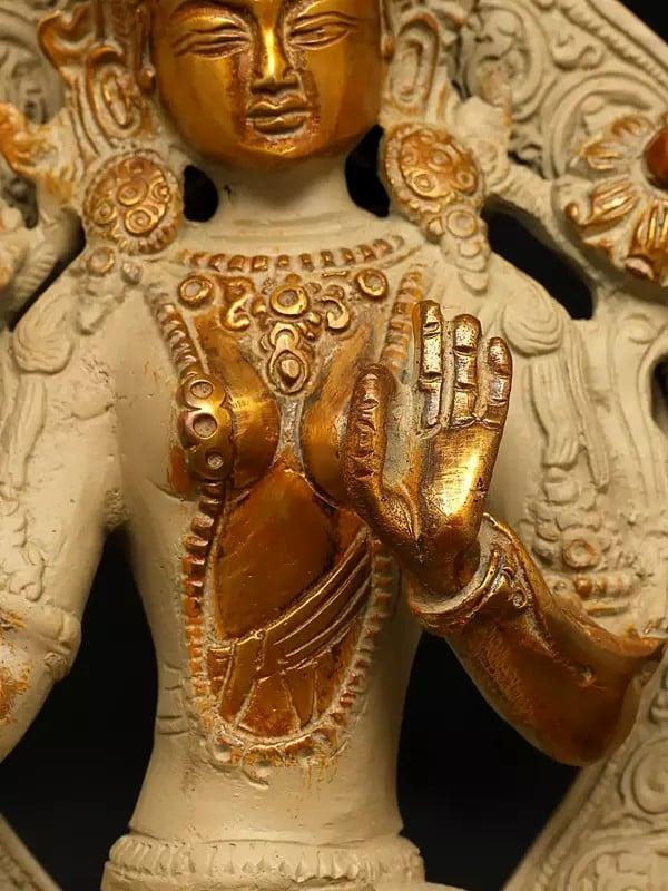 Exotic India 9" Goddess Green Tara Seated On Throne | Brass Statue 