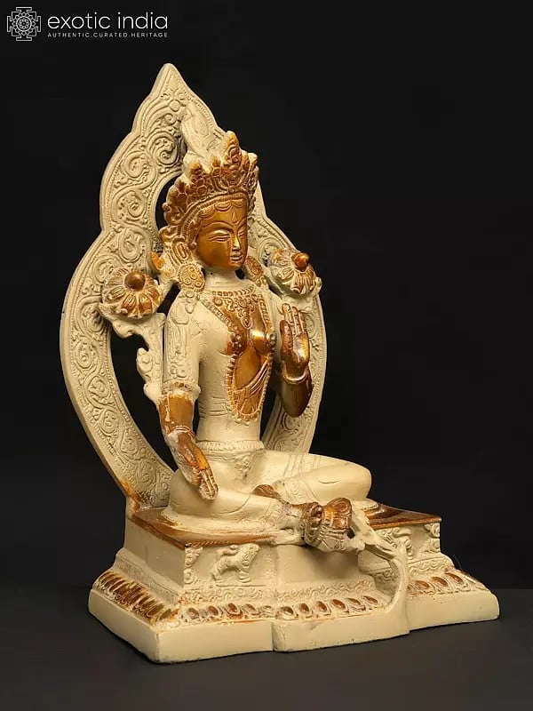 Exotic India 9" Goddess Green Tara Seated On Throne | Brass Statue 