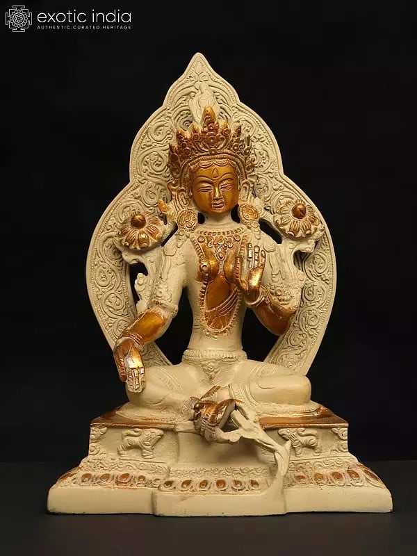 exotic india 9" Goddess Green Tara Seated on Throne | Brass Statue 