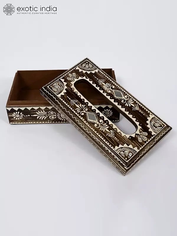 Exotic India 9" Hand-Painted Decorated Tissue Holder In Wood