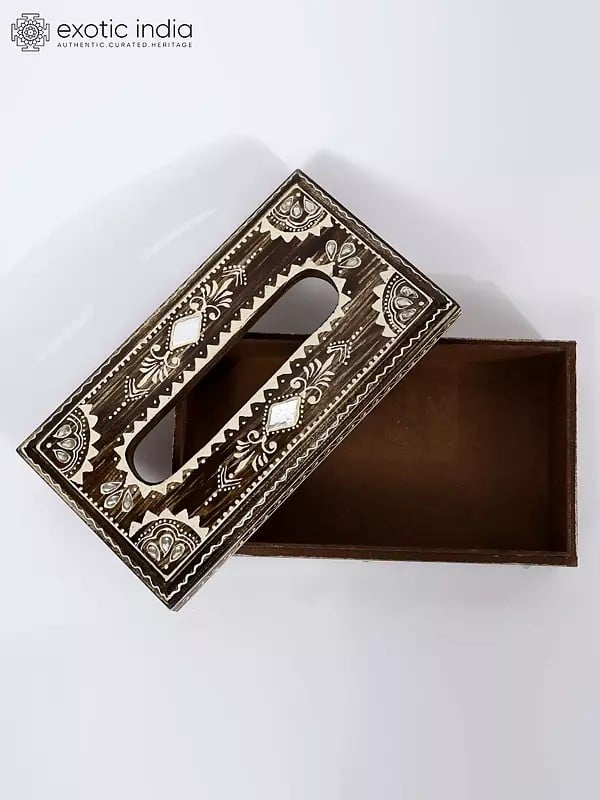 Exotic India 9" Hand-Painted Decorated Tissue Holder In Wood