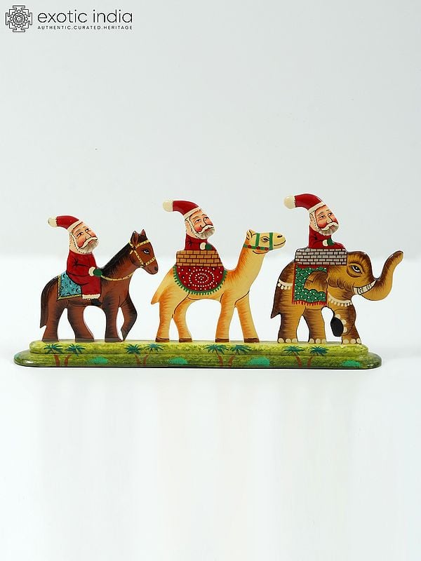 exotic india 9" Hand Painted Wooden Santa Clauses Riding on Horse Camel and Elephant | Home Decor 