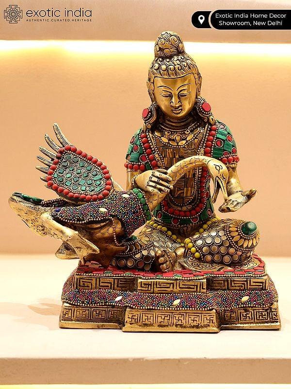 Exotic India 9" Lord Buddha Healing The Swan | Brass Statue With Inlay Work 