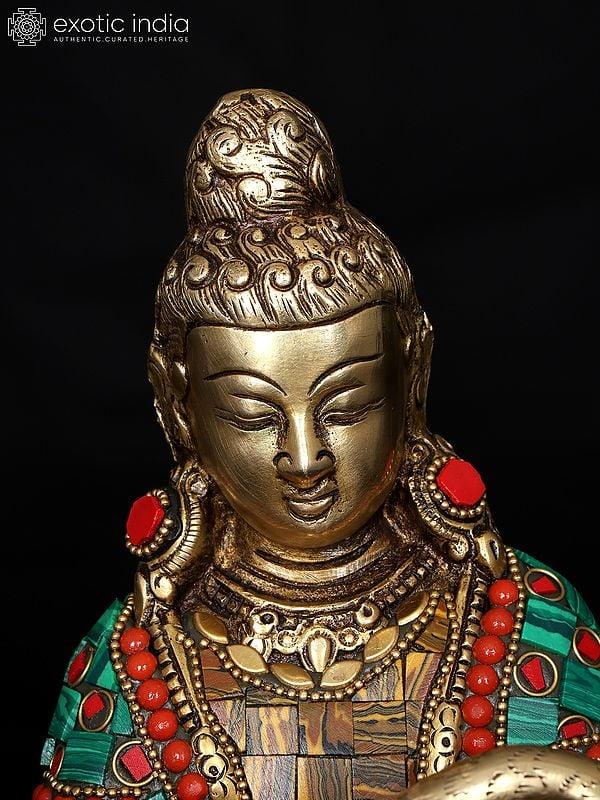 Exotic India 9" Lord Buddha Healing The Swan | Brass Statue With Inlay Work 