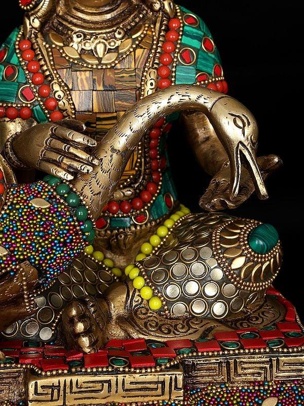 Exotic India 9" Lord Buddha Healing The Swan | Brass Statue With Inlay Work 
