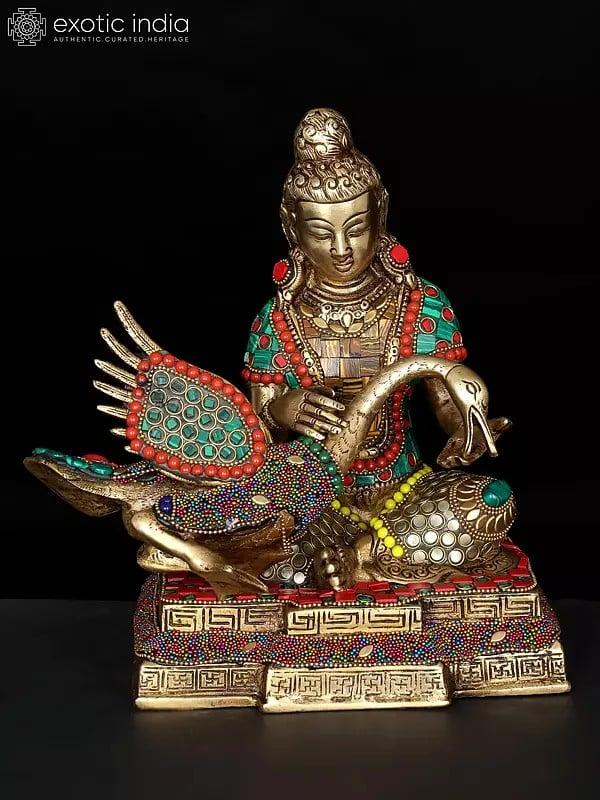 exotic india 9" Lord Buddha Healing The Swan | Brass Statue with Inlay Work 