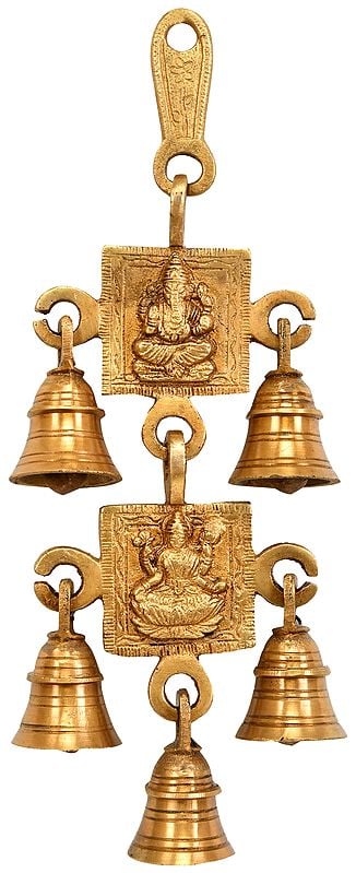 exotic india 9" Lord Ganesha and Lakshmi Wall Hanging Bells In Brass | Handmade | Made In India 