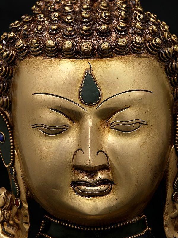 Exotic India 9" Meditating Buddha Head | Brass Statue With Inlay Work 