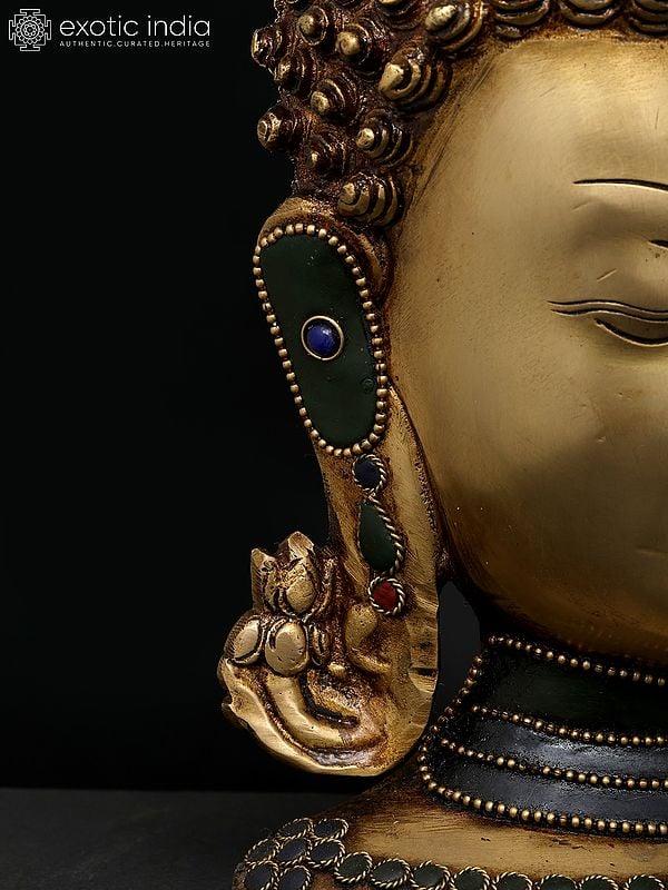 Exotic India 9" Meditating Buddha Head | Brass Statue With Inlay Work 