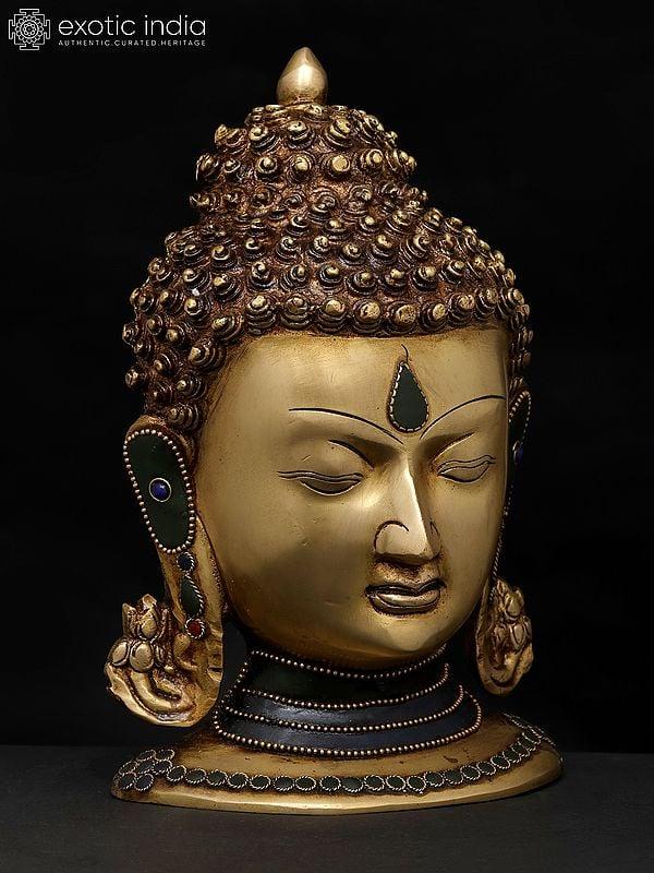 Exotic India 9" Meditating Buddha Head | Brass Statue With Inlay Work 