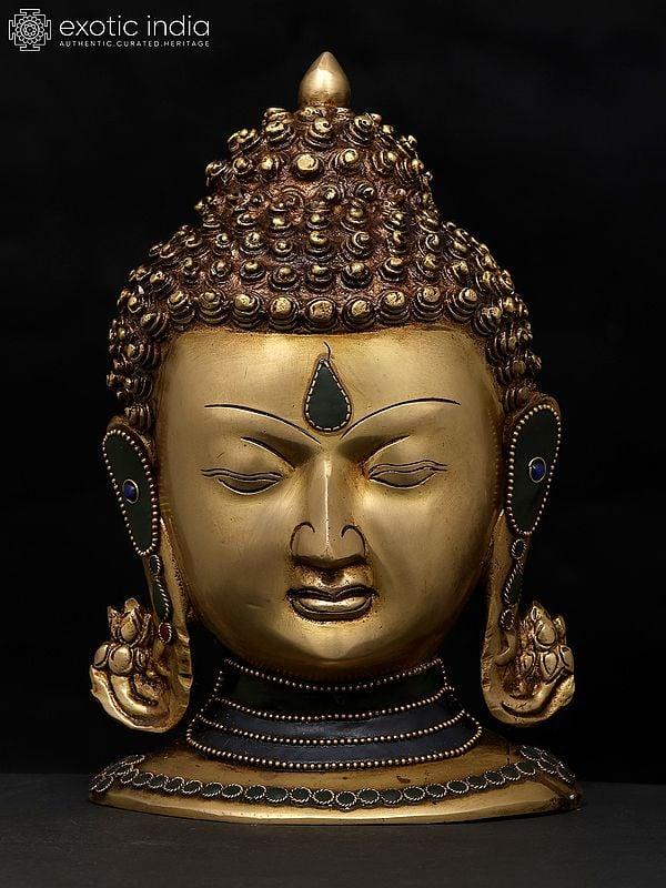 exotic india 9" Meditating Buddha Head | Brass Statue with Inlay Work 