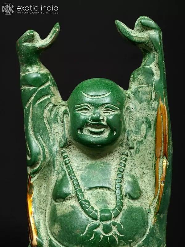 Exotic India 9" Prosperity Laughing Buddha With Uplifted Hands | Brass Statue 