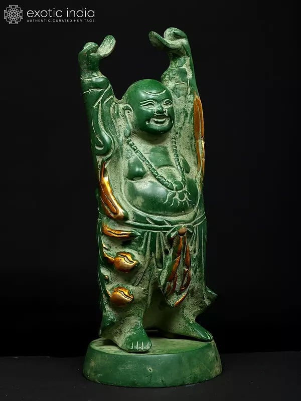 Exotic India 9" Prosperity Laughing Buddha With Uplifted Hands | Brass Statue 