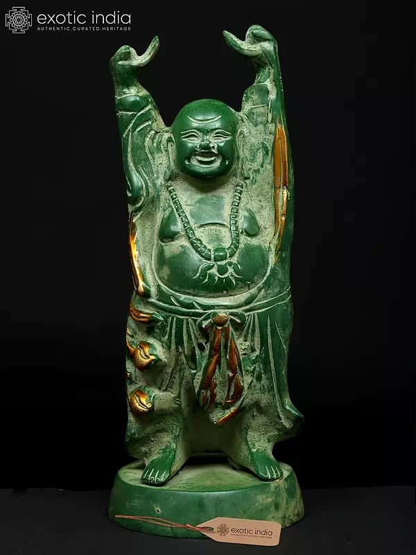 exotic india 9" Prosperity Laughing Buddha with Uplifted Hands | Brass Statue 