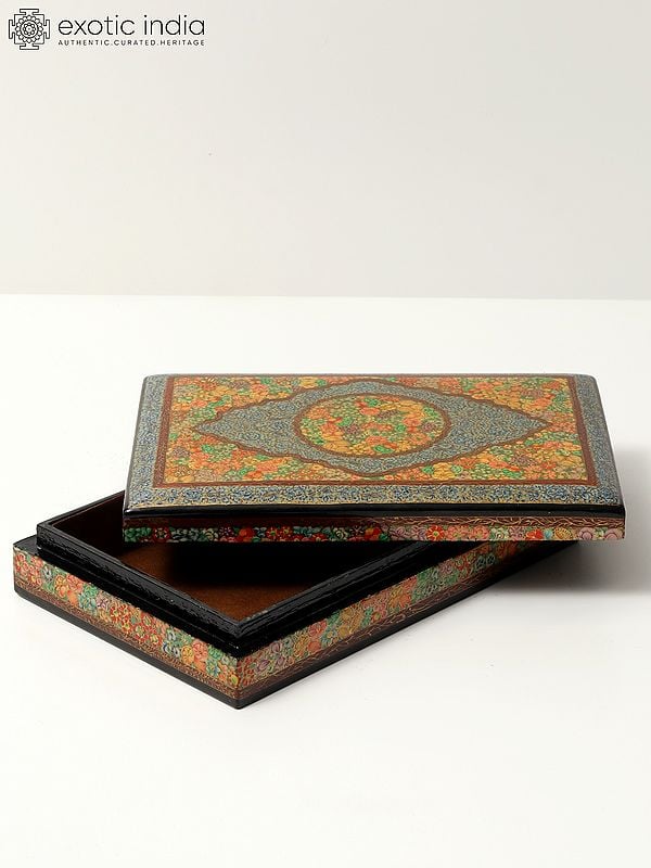 Exotic India 9" Rectangular Shaped Superfine Papier Mache Box | 24 Karat Gold Work | Handmade