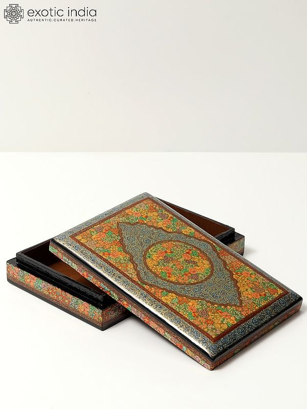Exotic India 9" Rectangular Shaped Superfine Papier Mache Box | 24 Karat Gold Work | Handmade