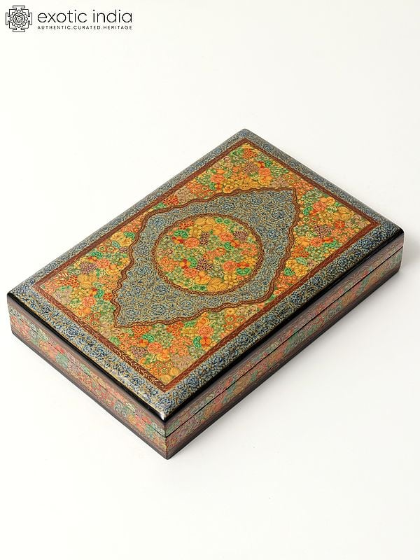 exotic india 9" Rectangular Shaped Superfine Papier Mache Box | 24 Karat Gold Work | Handmade 