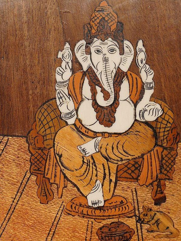Exotic India 9" Seated Ganapati Bappa On Asana | Rosewood Panel With Inlay Work 