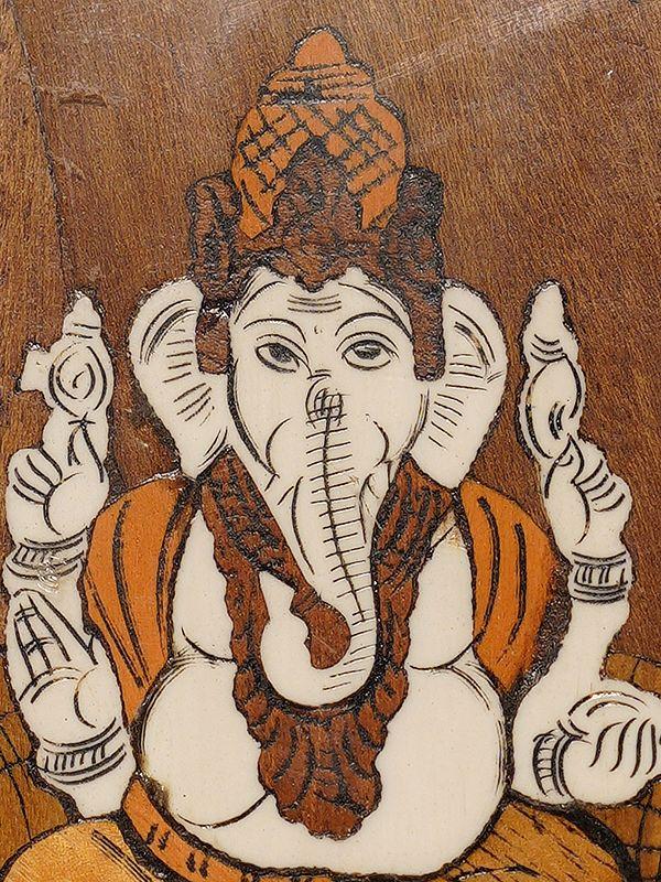 Exotic India 9" Seated Ganapati Bappa On Asana | Rosewood Panel With Inlay Work 