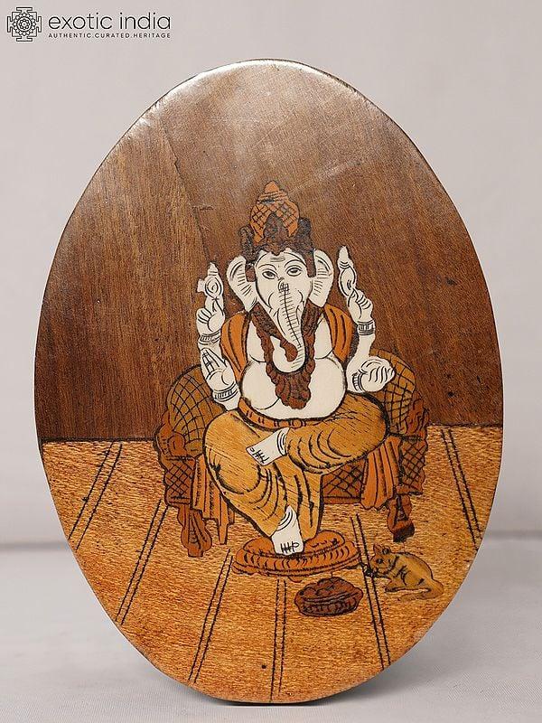 exotic india 9" Seated Ganapati Bappa On Asana | Rosewood Panel With Inlay Work 